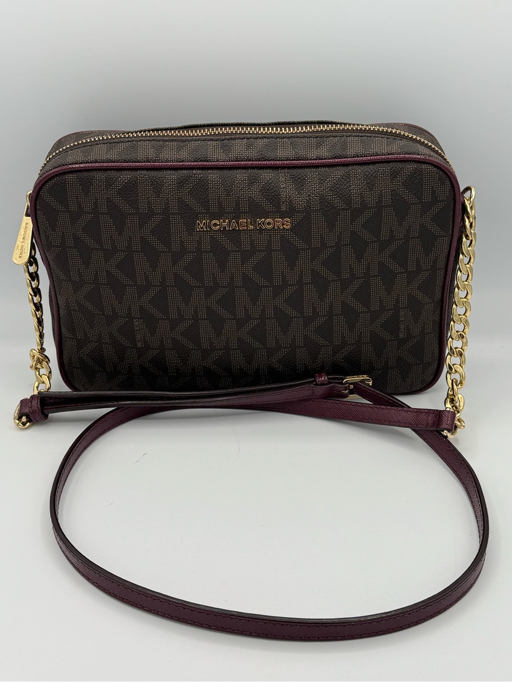 Michael Kors Brown Logo Crossbody Leather Plum Trim Gold Chain and Hardware